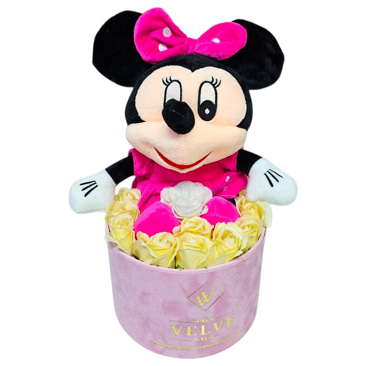Aranjament floral Minnie Mouse cu trandafiri de sapun in cutie catifea roz, Velve