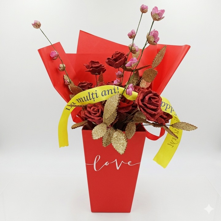 Aranjament floral, Red passion, Trandafiri si accente aurii in vaza cadou 17 fire Decor de vis Flori din spuma glitter