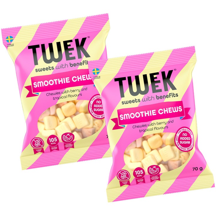 Jeleuri spumoase SMOOTHIE CHEWS cu aroma de FRUCTE DE PADURE si FRUCTE TROPICALE cu Stevia, fara zahar, fara gluten, TWEEK, 70g x 2 buc
