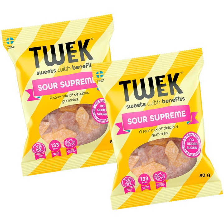 Jeleuri SOUR SUPREME cu aroma de GRAPEFRUIT, COLA si FRUCTUL PASIUNII cu ANANAS cu Stevia, fara zahar, fara gluten, TWEEK, 80g x 2 buc