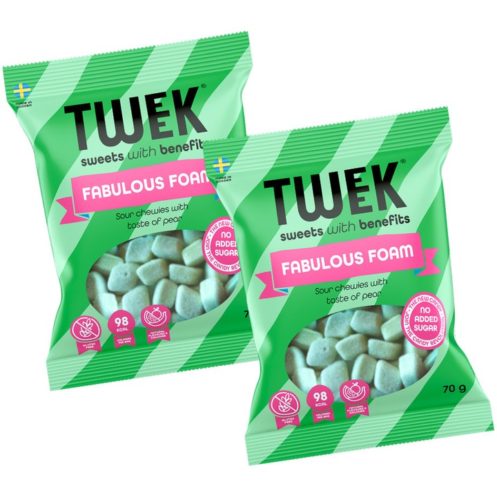 Jeleuri spumoase FABULOUS FOAM dulci-acrisoare cu aroma de PARA cu Stevia fara zahar, fara gluten, TWEEK, 70g x 2 buc