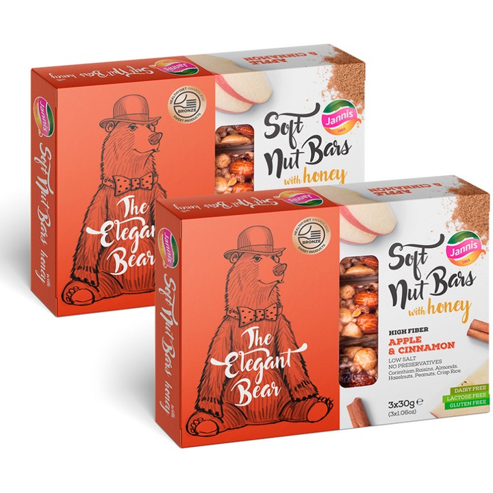 Batoane moi cu miere, MAR si SCORTISOARA continut ridicat de fibre, fara zahar, fara lactoza, fara gluten, Jannis, 90g x 2 buc