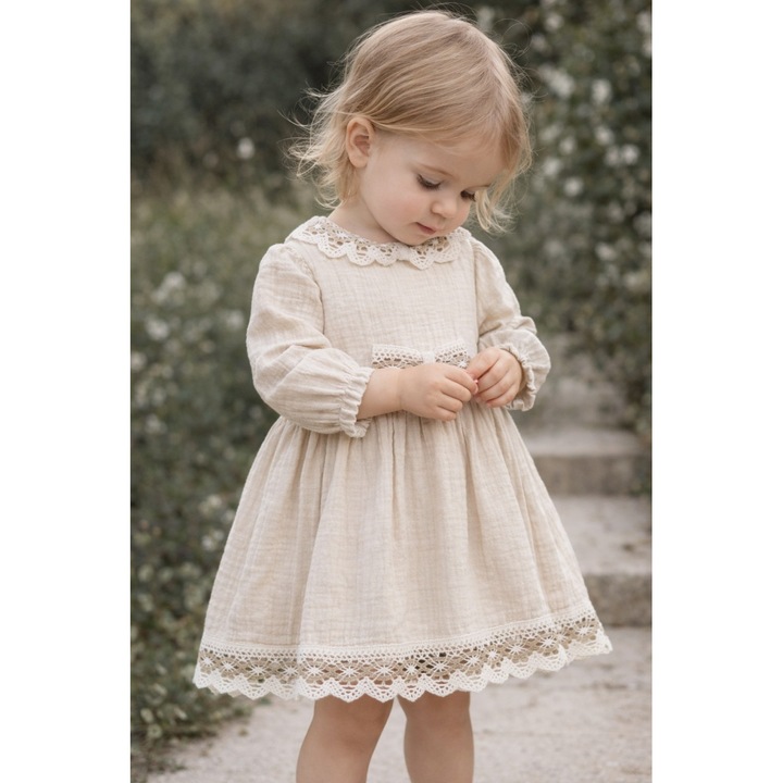 Rochie fetite muselina bej eleganta cu dantela rochie copii ocazie botez