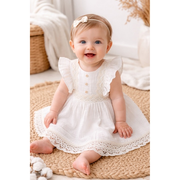Rochita fetite muselina bumbac cu volane si dantela, rochie eleganta bebe vara