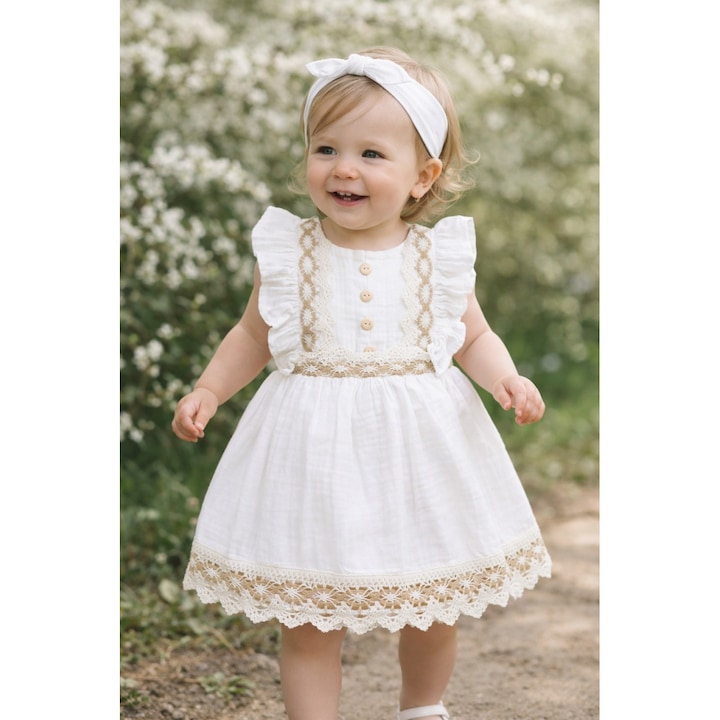 Rochita fetite muselina eleganta alba cu dantela si volanase rochie vara bebe