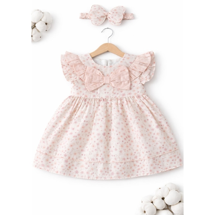 Rochie bebe fetite cu bentita, rochita roz eleganta cu fundita