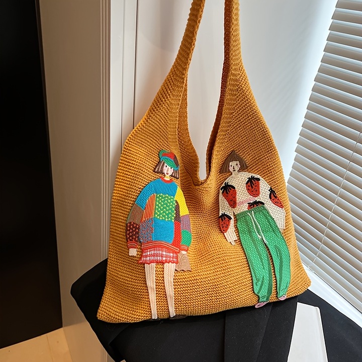 Geanta de umar pentru femei, capacitate mare, design cartoon, neagra, fara inchidere