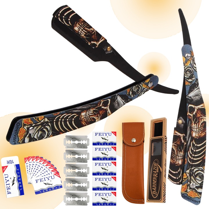 Set de aparat de ras drept Omelivon® pentru barbati (include teaca de piele + 10 lame de ras) — Aparat de ras pentru frizerie, constructie durabila din otel inoxidabil, cadoul perfect de sarbatori pentru barbati