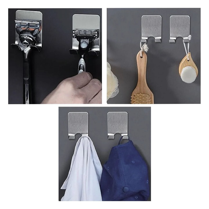 Set 2 suporturi autoadezive din inox, BAMI, argintiu, pentru aparat de ras, reutilizabile, maxim 1 kg