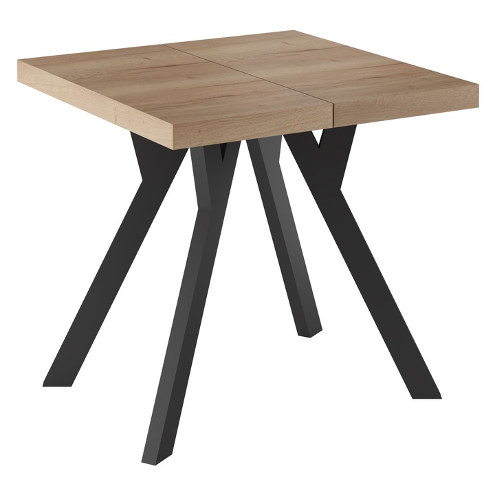 Разтегателна маса, Мебели Балут, 80x80/130 см, ПДЧ, 75 см, устойчива на надраскване, несглобена, естествен цвят Халифакс с черни крака