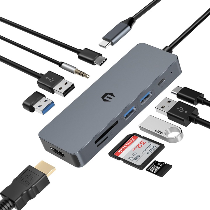 BIGBIG WON 10 in 1 USB C Hub, Adaptor USB C Chromebook Pro, Adaptor cu iesire HDMI 4K, compatibil pentru laptop, Surface Pro 8 (PD 100W USB 3.0 TF Card Reader)