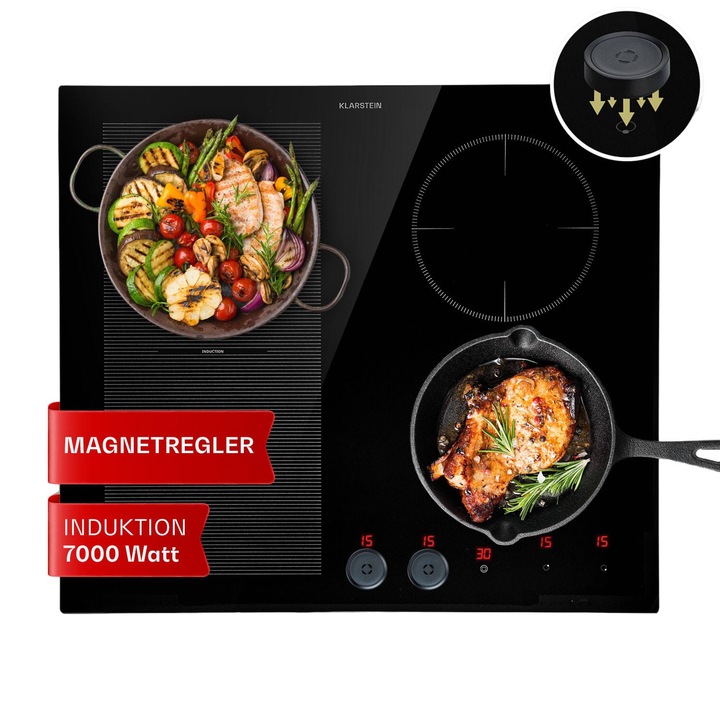 Plită cu inducție Klarstein Virtuosa EcoAdapt, 4 zone, 7200 W, sticlă, negru, 59x52cm