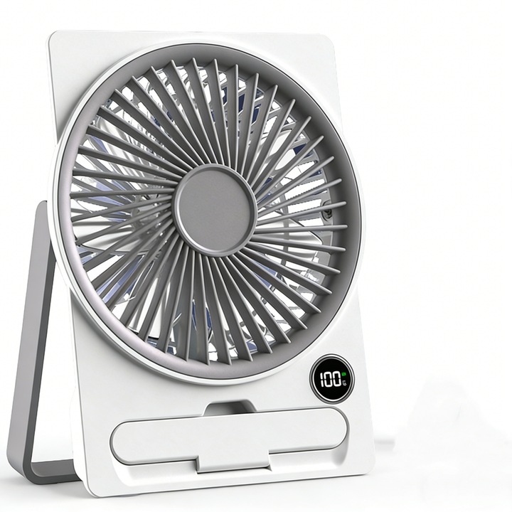 Mini ventilator, portabil, cu afisaj digital, silentios, reglabil in mai multe unghiuri, 18, 5 × 13, 5 cm, 6 trepte de viteza, baterie litiu, alb