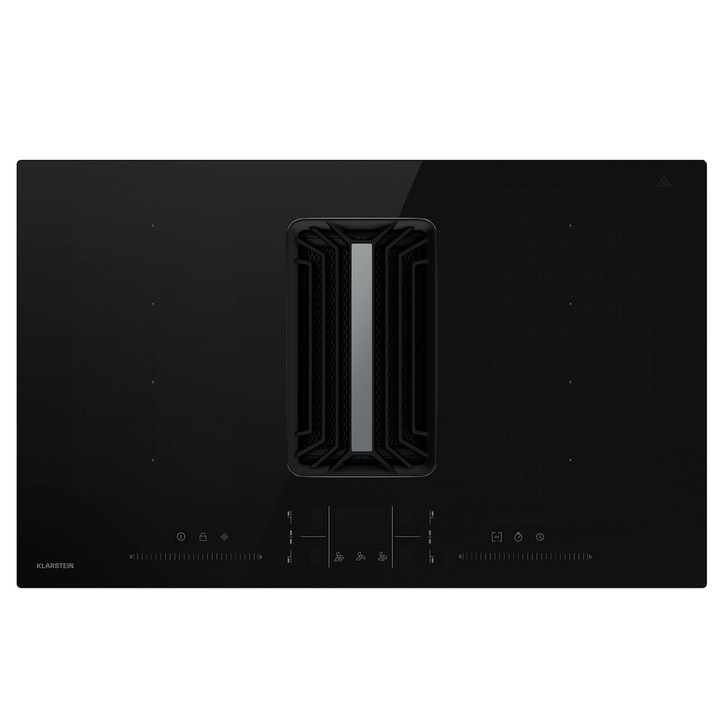 Plită cu inducție, Klarstein, AirJet FlexPro, hotă integrată, 4 zone, dimensiuni 83x26x51,5cm, negru