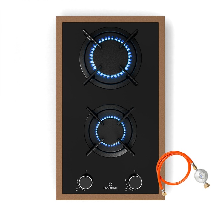 Plita pe gaz Klarstein Lumiflame, 2 arzătoare, cu cadru din cupru, aprindere electrică, 4,2 kW, 30x51x10cm