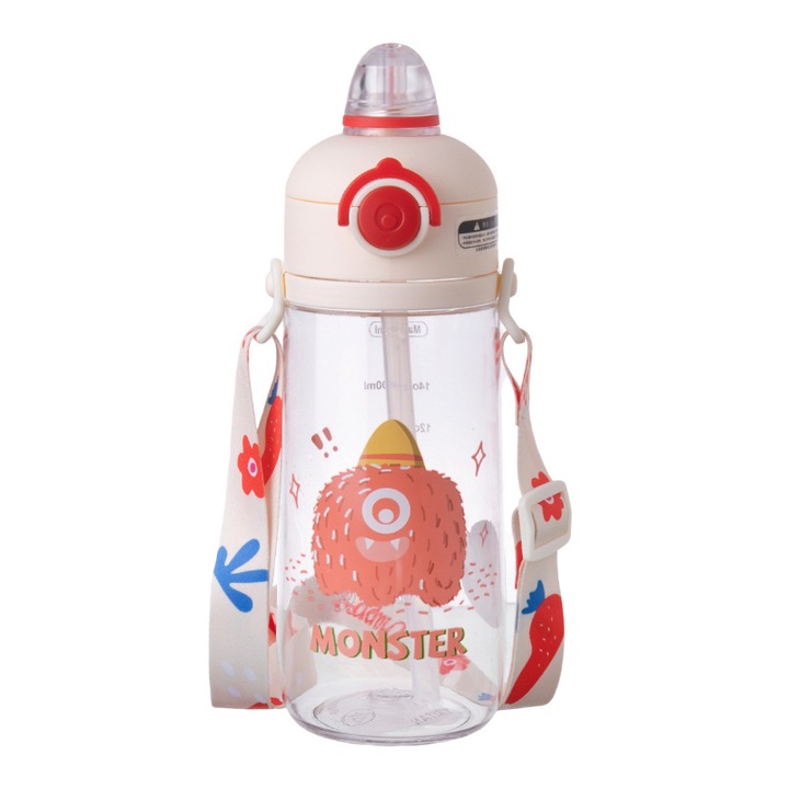 Детска бутилка за вода 520 ml LISM, Tritan без BPA, чаша с 2 начина на пиене (директно + сламка), капак със защитно заключване против протичане, дръжка + регулируема презрамка, сладък анимационен модел - бял