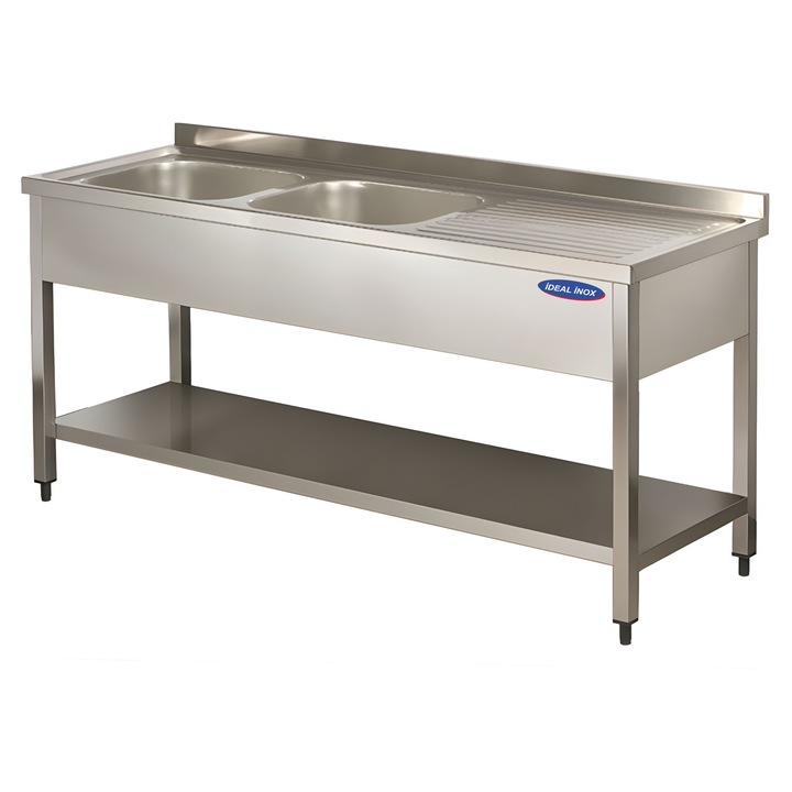 Spalator inox 2 cuve pe stanga 500x500x300 polita inferioara si picurator Ideal Inox 2000x700x850 AISI 304