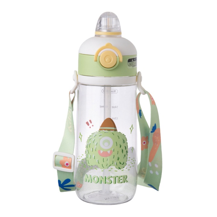 Sticla de apa pentru copii 520 ml LISM®, Tritan fara BPA, o cana cu 2 moduri de baut (direct + pai), capac cu inchidere de siguranta anti-curgere, bretea reglabila, model cartoon dragut - Verde