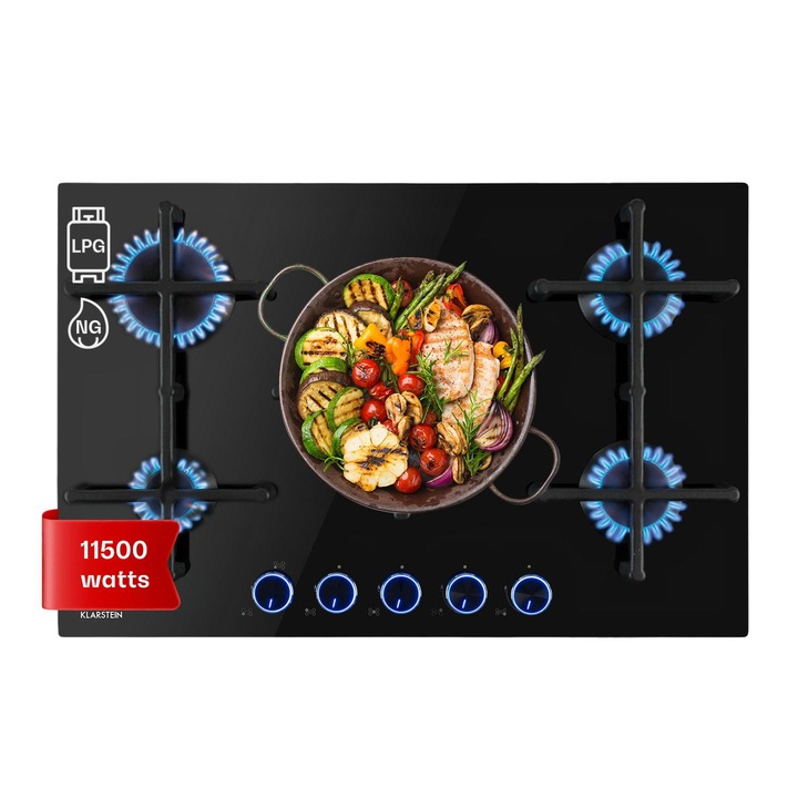 Klarstein, Illuminosa 5, Plita Pe Gaz, 5 Arzatoare Sabaf, Sticla Ceramica, Neagra