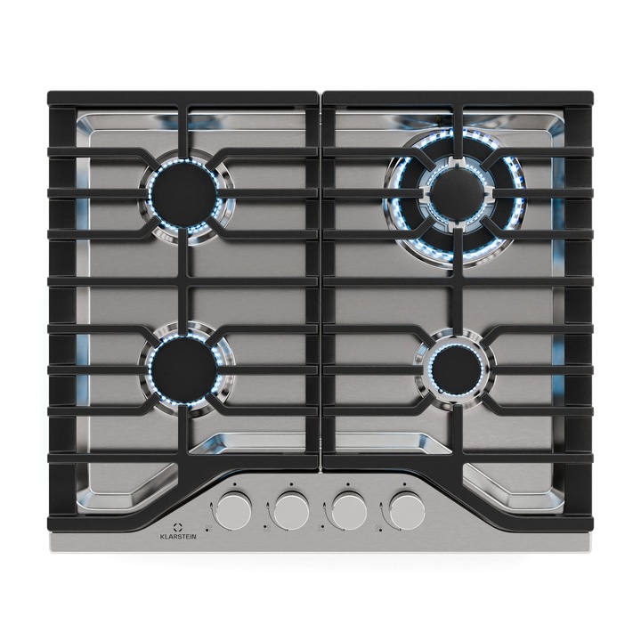 Plită pe gaz Klarstein Turbocast, 4 arzătoare, inox 304, suport din fonta, dimensiuni 600x85x510mm