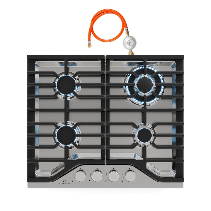 Plită pe gaz Klarstein Turbocast, 4 arzătoare, inox 304, suport din fonta, dimensiuni 600x85x510mm