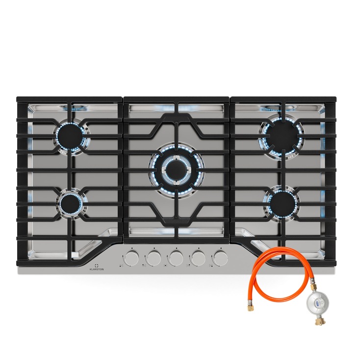Klarstein, Turbocast Plita Pe Gaz, Otel Inoxidabil 304, 5 Arzatoare, Suport Profesional Din Fonta, Arzator Wok