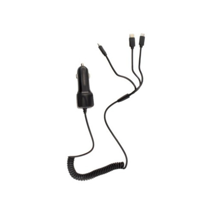 Incarcator Telefon Universal Auto cu 3 Mufe, Type-C, Micro-USB, Lightning iPhone, Cablu 1.5m, 2.1A