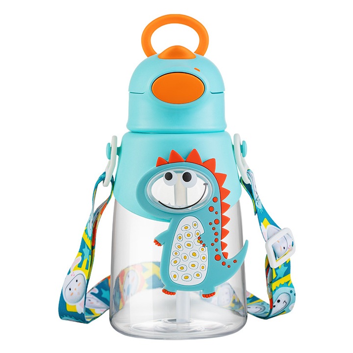 Sticla apa copii 750ml Tritan fara BPA, LISM®, capac cu deschidere one-touch (un buton), blocaj anti-scurgeri, pai silicon moale, bretea reglabila cu maner, design 3D dinozaur verde adorabil