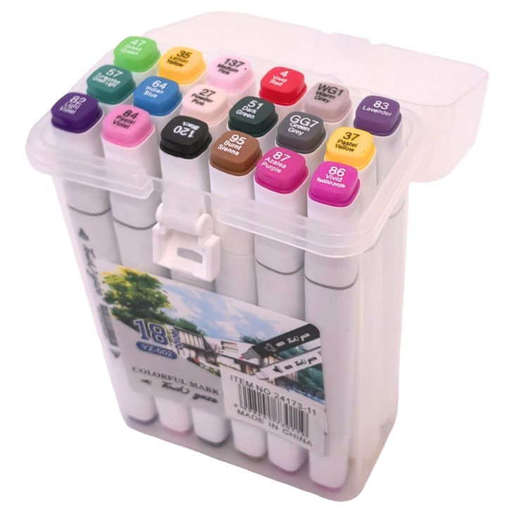Set 18 Markere, Acrilice cu Cap Dublu, Artist Markers, Cutie Transparenta cu Maner
