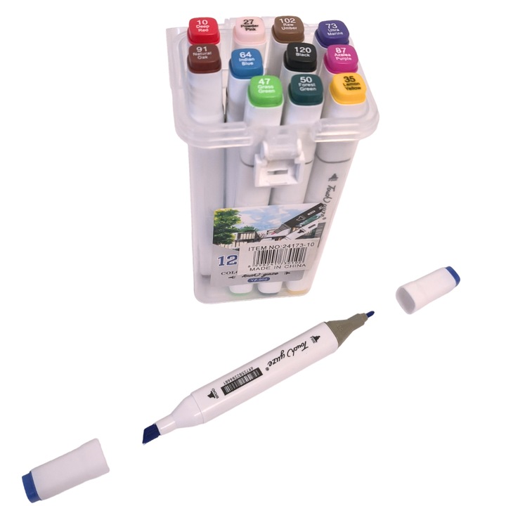 Set 12 Markere, Acrilice cu Cap Dublu, Artist Markers, Cutie Transparenta cu Maner
