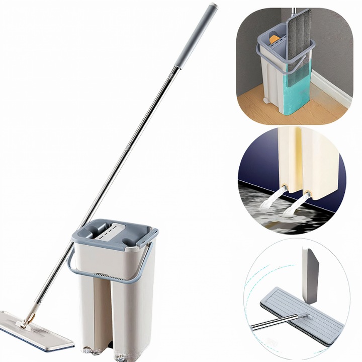 Set Mop Plat cu Galeata cu Stoarcere Automata, Engros, Bej, 33x12x121cm, 35x18cm