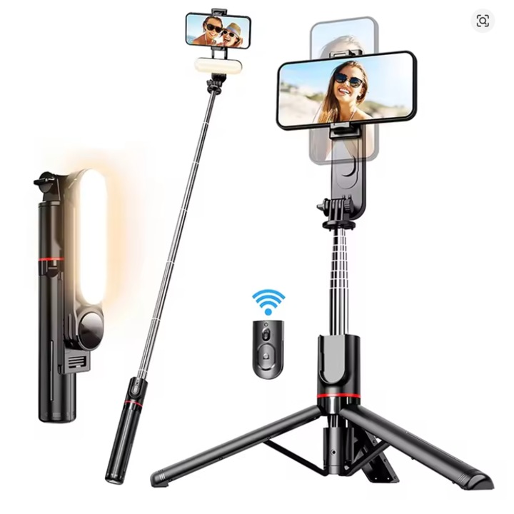 Selfie Stick L15 cu Dubla Lumina Fill Light Detasabila, 9 Trepte, 3 TemperaturI de Culoare Reglabile, Mini Trepied Pliabil, Extensie 110 cm, Bluetooth 4.2, 360° Rotativ, Compatibil iPhone/Android, Ideal pentru Selfie uri, Vlog, Live si Calatorii