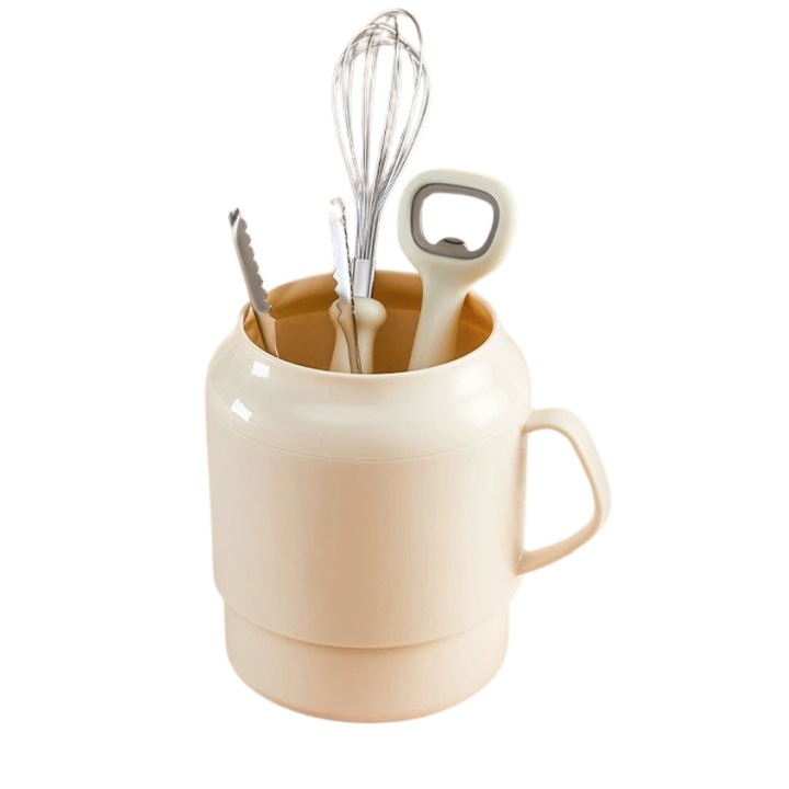 Suport ustensile bucatarie cu scurgere de tip cana, 13.5 cm x 11 cm x 14 cm, bej