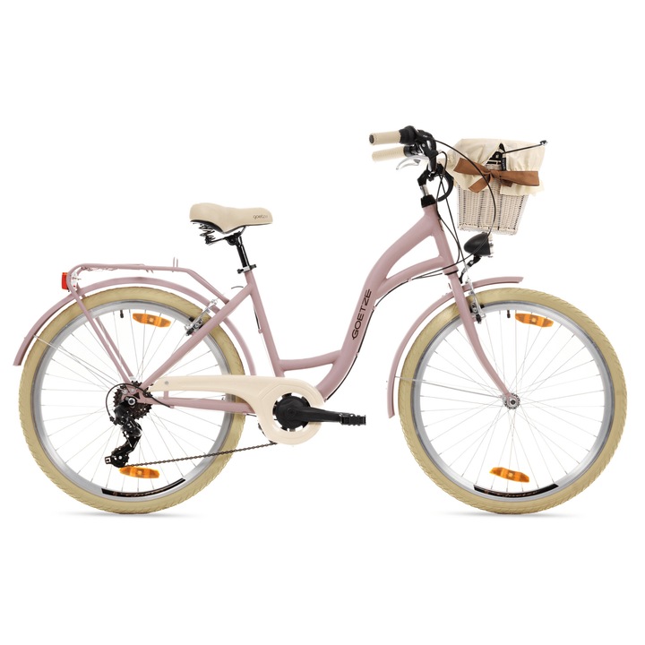 Bicicleta de oras Goetze Mood 26", cadru aluminiu 17", design retro, frane V-Brake, 6 viteze Shimano Tourney, cos pe ghidon