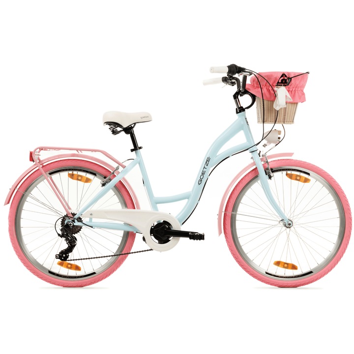 Bicicleta de oras Goetze Mood 26", cadru aluminiu 17", design retro, frane V-Brake, 6 viteze Shimano Tourney, cos pe ghidon