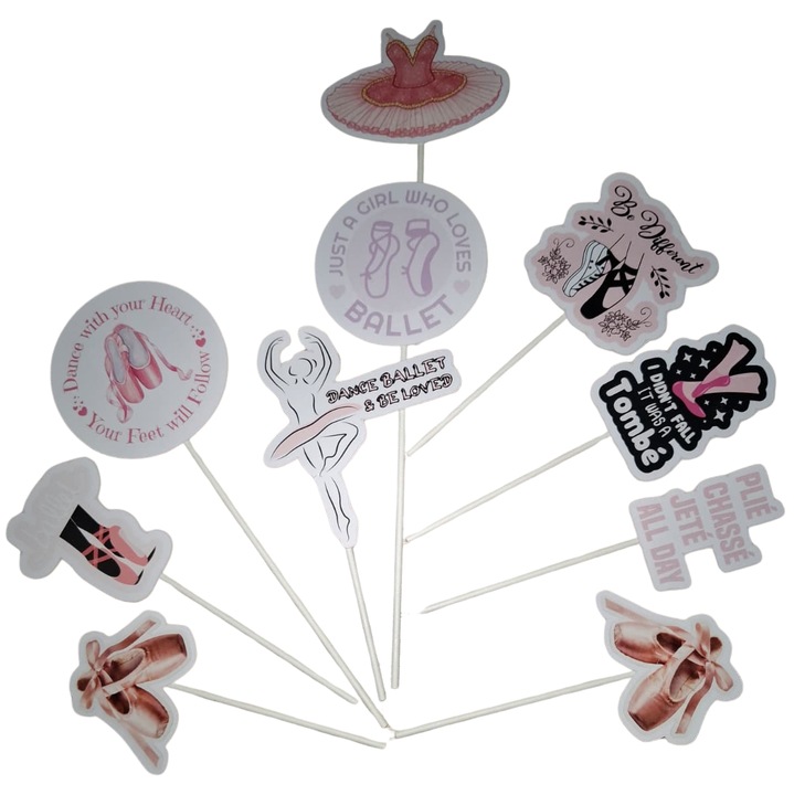 Torta topper dekoráció kartonból, balett rajongó tematikával - 10 darab