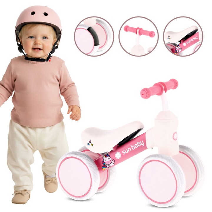 Bicicleta Fara Pedale Copii Sun Baby Petitride 4 Roti Roti Eva Cadru Otel Usoara Pentru Echilibru Copii 1 An Roz