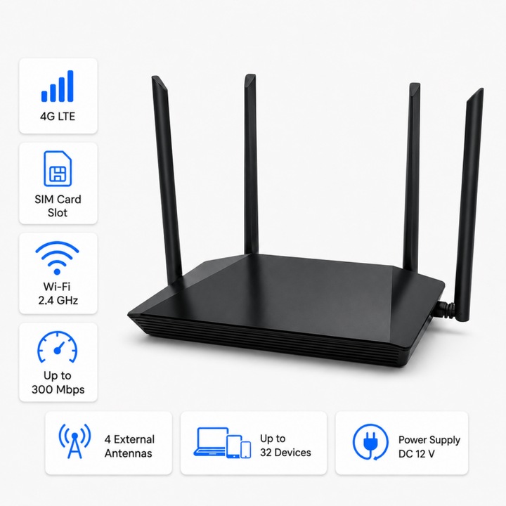 Безжичен 4G LTE рутер, AjieQaQ®, СЛОТ ЗА SIM КАРТА, 2.4GHz, 300Mbps, 4 антени, Стабилна и сигурна свързаност, Wi-Fi рутер свързва до 32 устройства, Силен сигнал, DC 12V, Карбоново черно
