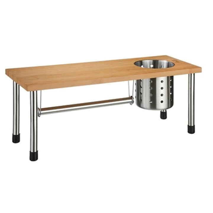 Raft Organizator Bucatarie, Bambus si Inox, cu Suport Ustensile si Prosoape, 55 x 20 x 21 cm