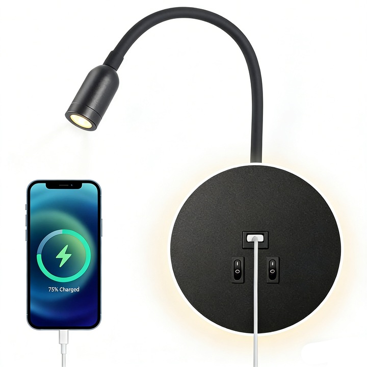 FooFoony falra szerelhető olvasólámpa, LED 3W+8W, fekete, 50.15cm