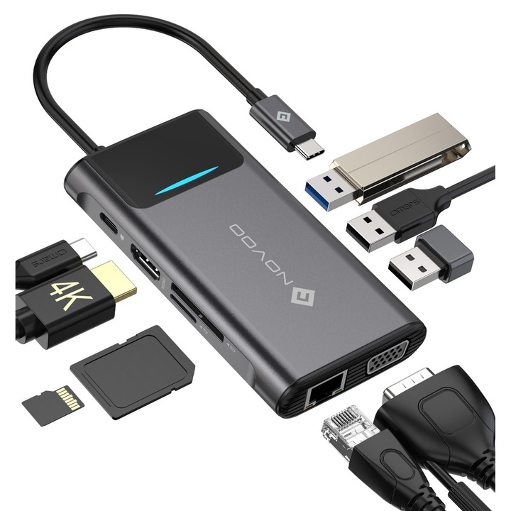 NOVOO HUB Adaptor USB C 9-in-1 USB C cu RJ45 Gigabit Ethernet, 4K HDMI, VGA, 100W PD, cititor de carduri SD/TF, 3 porturi USB 3.0, statie de andocare USB C pentru MacBook Air/Pro, Chromeboo etc