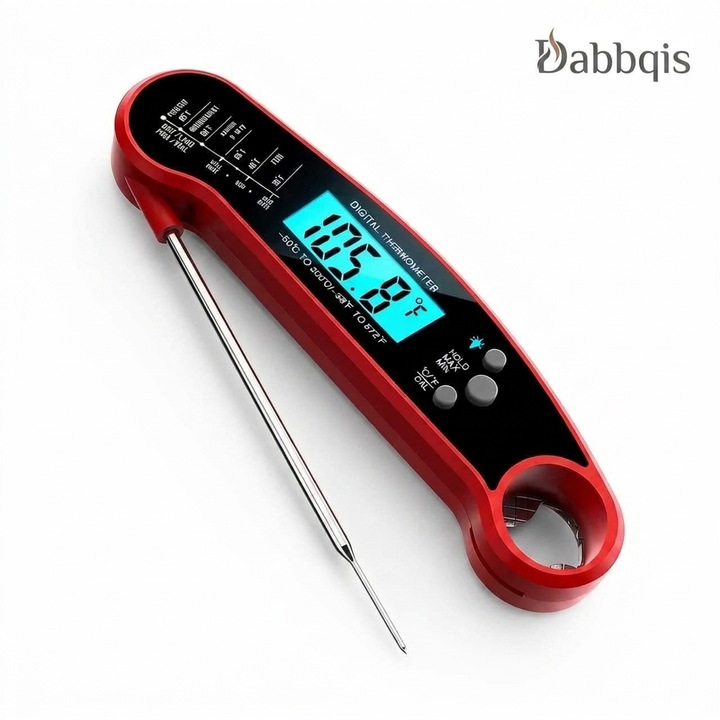 Dabbqis Digitális Húshőmérő, Gyors Leolvasás 2-3 mp, IP67 Vízálló, Magas Pontosság ±0.5°C, Összecsukható 304 Rozsdamentes Acél Szonda, Megvilágított LCD Kijelző, Mágnes Mellékelve, Piros