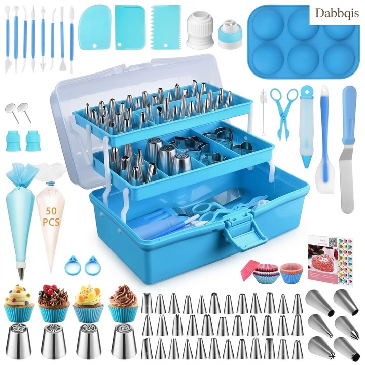 Set Profesional Decorare Torturi Dabbqis, 236 Piese, Cutie Organizatoare pe 3 Niveluri, 46 Duiuri Inox, Forme Biscuiti, Ustensile Fondant si Ciocolata, Albastru