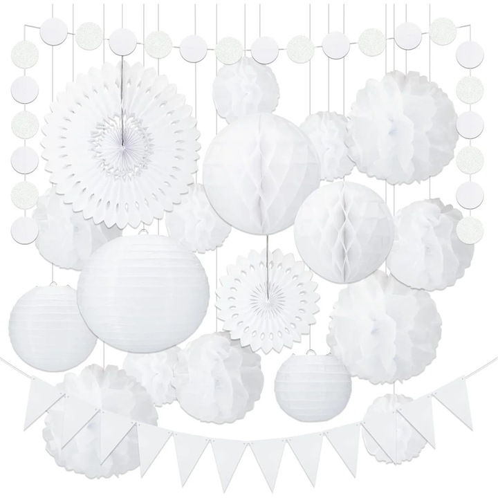 Set 25 decoratiuni pentru nunta, hartie, alb