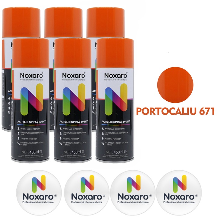 Set 6 Vopsea spray Portocaliu 671, NOXARO, Cantitate 450ml, 4x Stickere