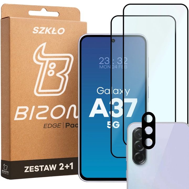2x Стъклен протектор + Стъкло за обектив Bizon Edge Pack за Galaxy A37 5G
