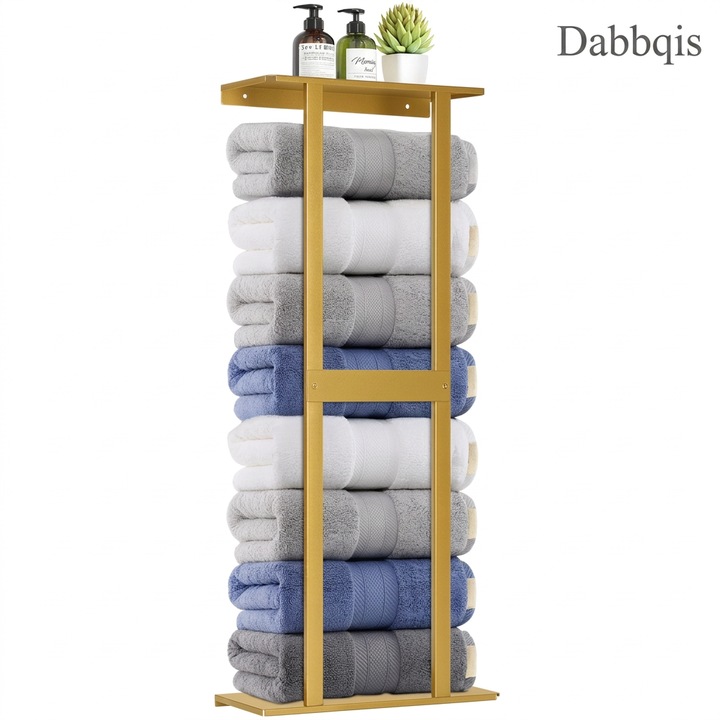 Dabbqis Függőleges Törölközőtartó Fürdőszobába, Felső Tárolópolccal, 6 Nagy Törölköző Kapacitás, Falra Szerelhető, Robusztus Fém, Modern Design, 79 x 31 x 15 cm, Luxus Arany