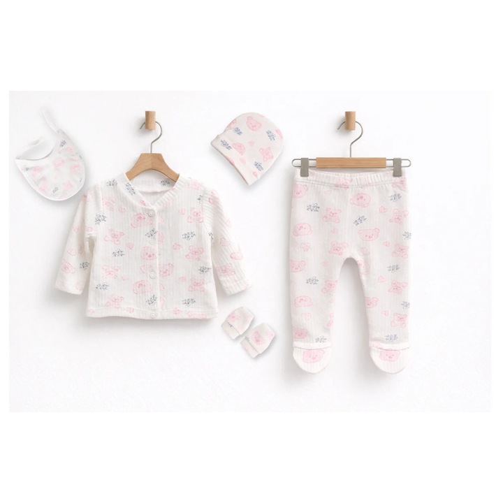 Set 5 Piese Nou Nascuti - Bluzita, Pantaloni, Manusi, Caciulita, Bavetica 50 cm - 62 cm