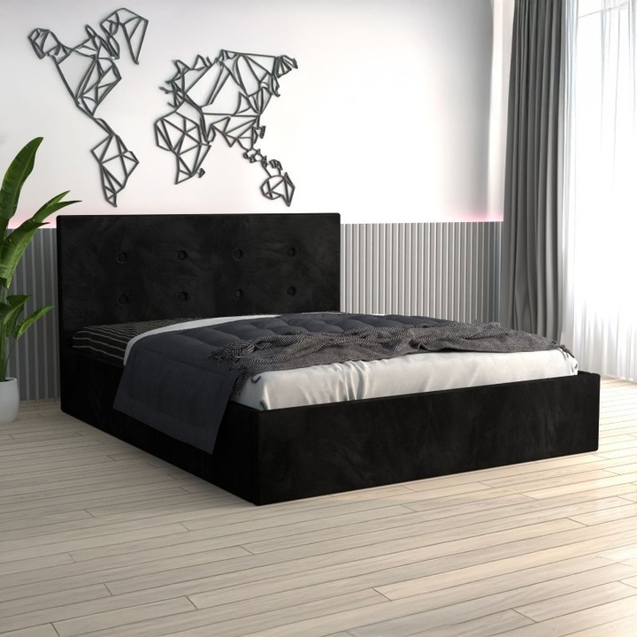 Pat Tapitat CELA Filip, negru, dimensiune 140x200cm, cu saltea 20cm grosime