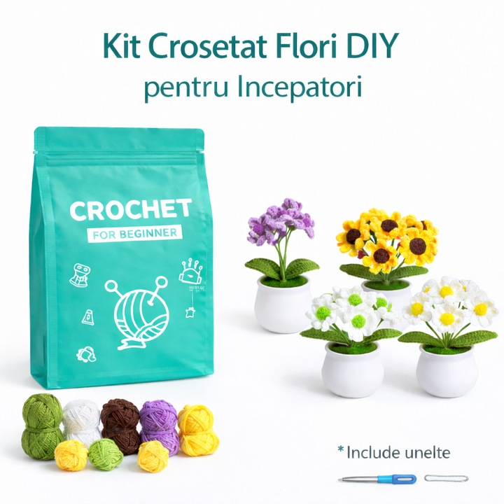 Set Crosetat pentru Incepatori, KIT DIY Flori in Ghiveci cu Instructiuni si Video Pas cu Pas, 4 Modele